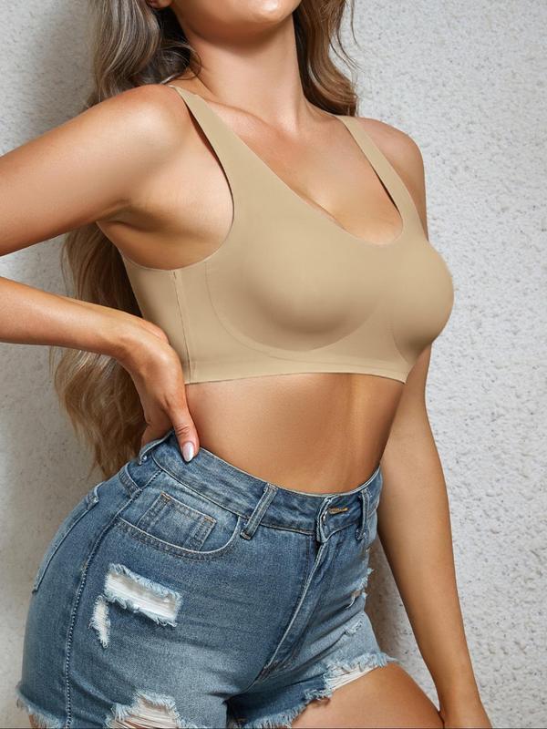 Women's Solid Wireless Bralette, Removable Chest Pads U-shaped Back Bra, Soft Comfortable Breathable Lingerie for All Seasons